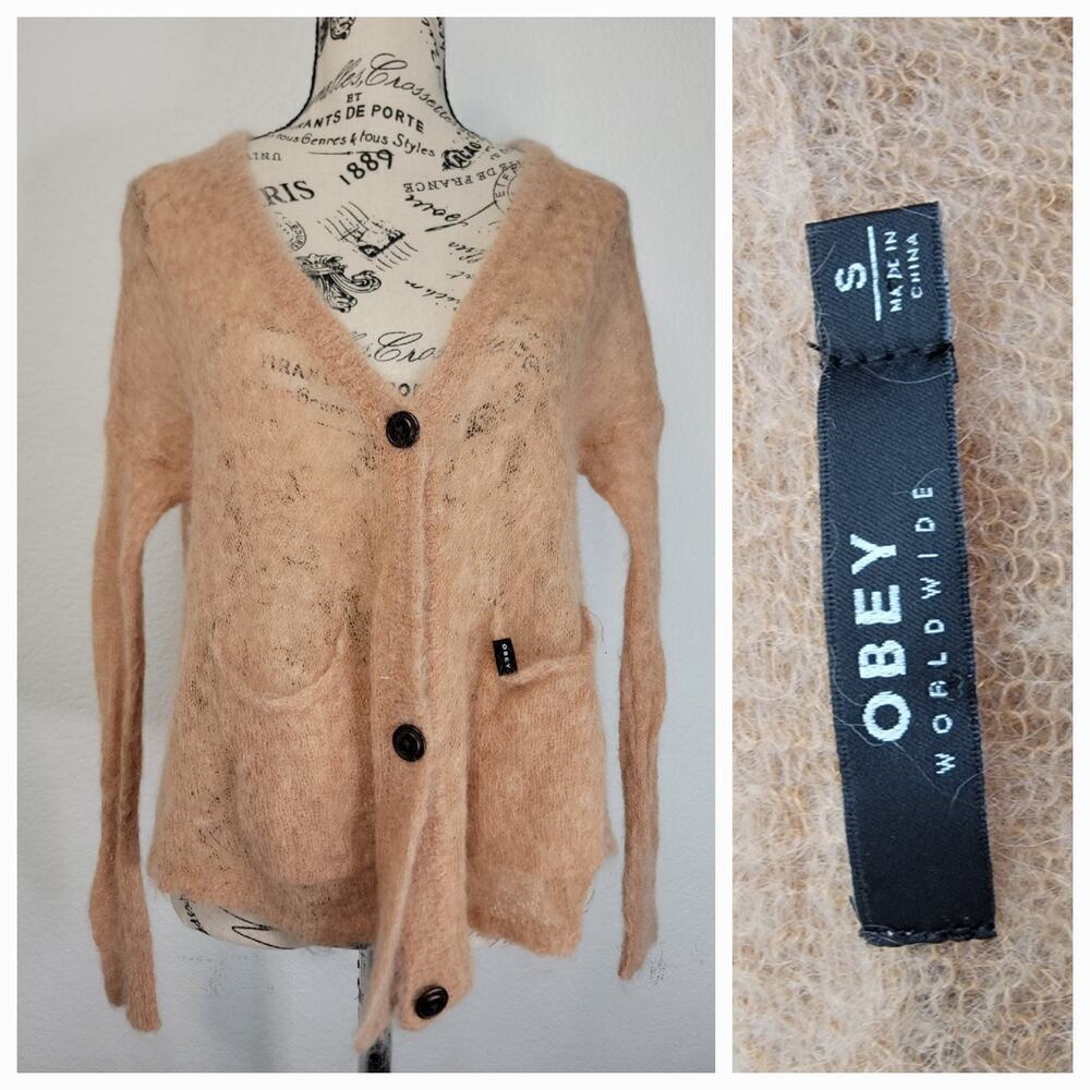 Obey Sweater Cardigan Womens Small Fuzzy Mohair Blend Tan Sheer Delicate